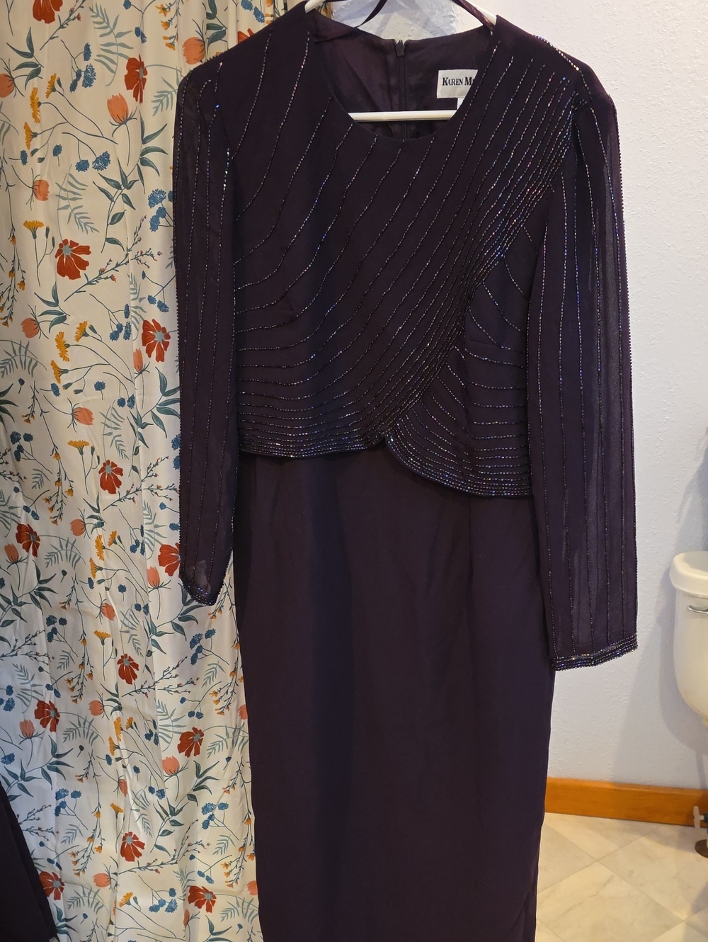 Karen Miller Deep Purple Long Sleeve Beaded Evening Dress